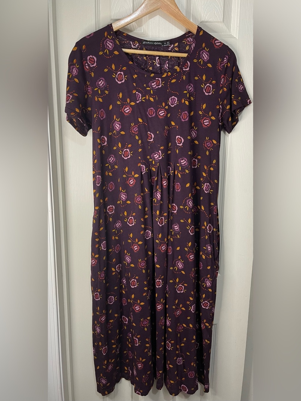 Gudrun Sjoden Purple Whimsical Floral Organic Cotton Midi Dress with Pockets Med - Picture 1 of 5
